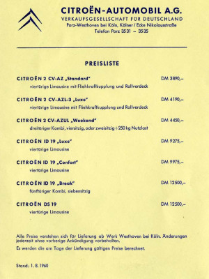 Preisliste 1960